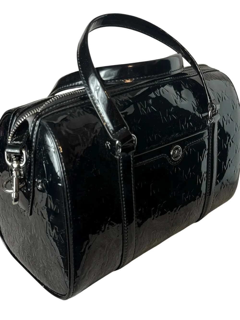 Michael Kors Black Patent Embossed MK Duffel Bag - Picture 2 of 7